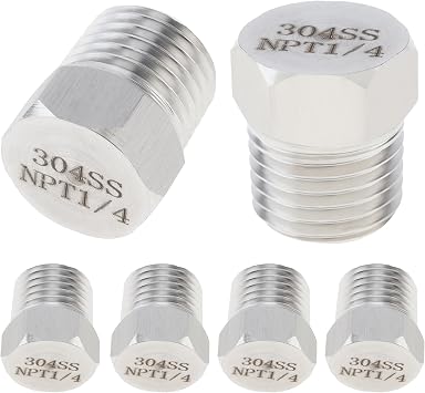 6PCS 1/4inch NPT Male Outer Hex Head Thread Plug Pipe Fitting, 304 Stainless Steel Oil Drain Plug Fitting for Various Applications
