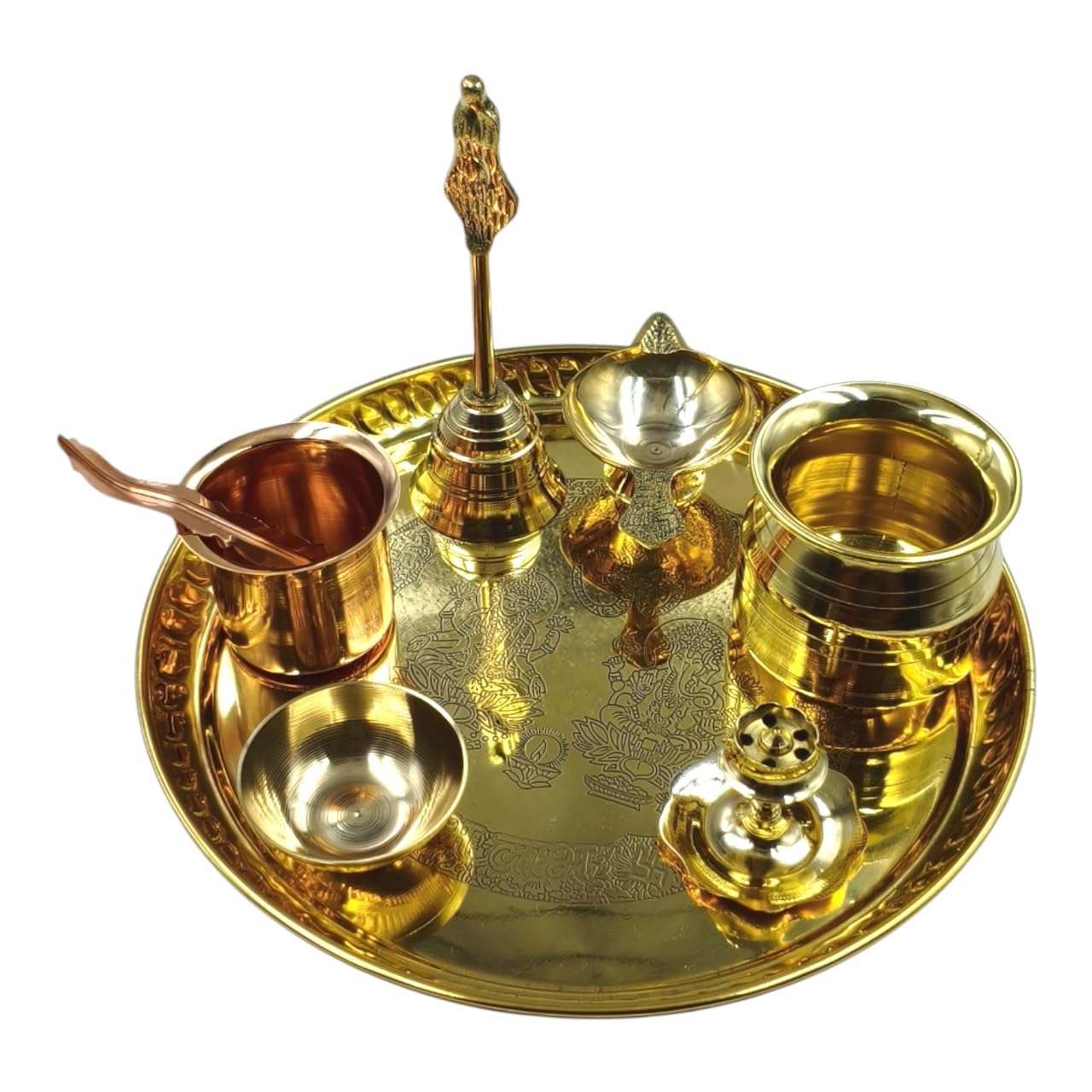 AKANKSHA ARTS, Golden Shed, Made of Brass, Pooja Thali Set- 9 inch Diameter, with Brass lota, Diya, Bell, agarbatti Stand, Chandan Pyali and Copper Glass