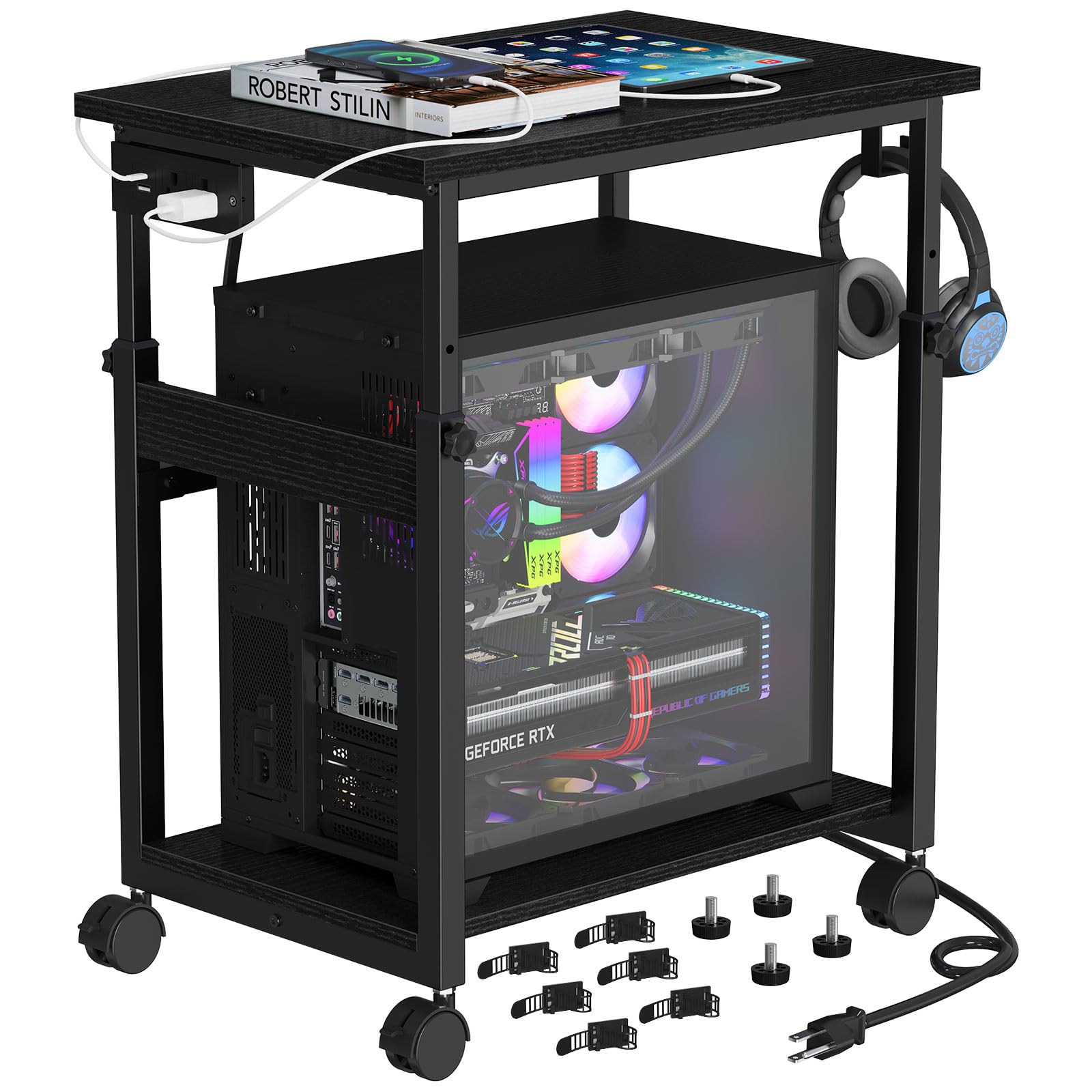 Snughome Extra-Large Computer Tower Stand with Charging Station, Adjustable PC Tower Stand for Floor 25.2"-36.22", PC Stand with Locking Wheels Mobile