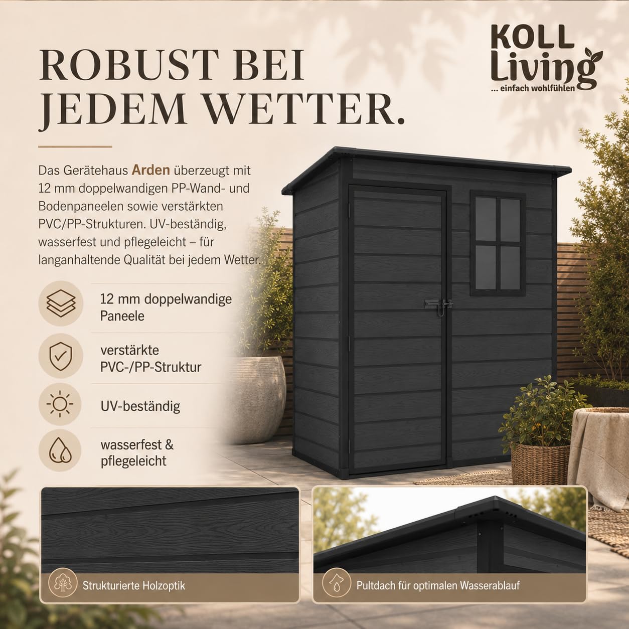 Koll Living Gartenhaus Arden | 2100 Liter, 152 x 91,5 x 193 cm | hochwertige Kunststoffpaneele in Schwarz | mit Fenster, abschließbar | UV- & witterungesbeständig