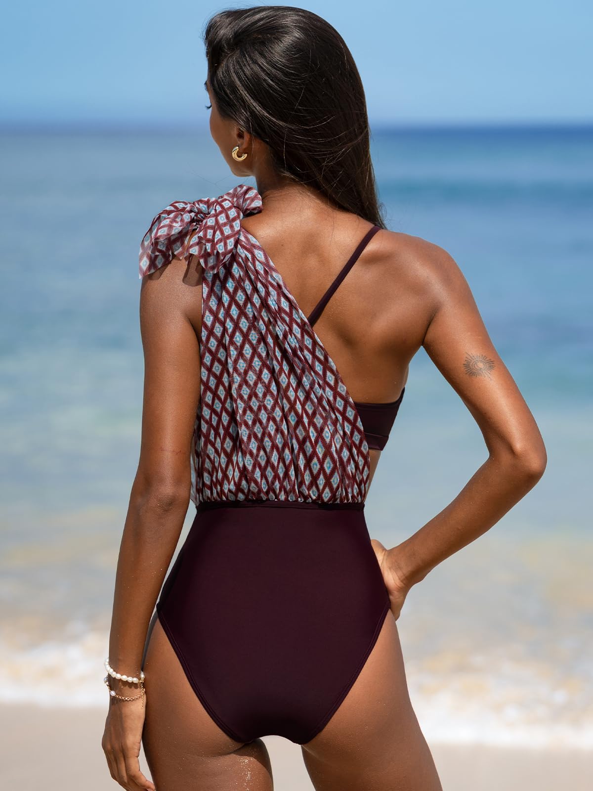 CUPSHE Damski zestaw bikini z wysokim stanem kontrola brzucha strój kąpielowy skromny pełne pokrycie kostium kąpielowy krzyżujący się krawat
