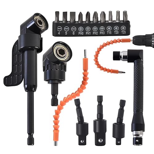 Kit de extensión de broca flexible, 17 piezas con adaptadores de enchufe giratorios de 360° (1/2" 3/8" 1/4"), accesorios de ángulo recto de 105° y