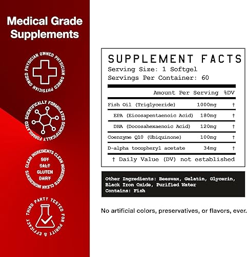 Miniatura 3 de High Level Omega 3, CoQ10 y vitamina E, soporte para el corazón, el cuerpo y la mente con aceite de pescado, coenzima Q10, cera de abeja