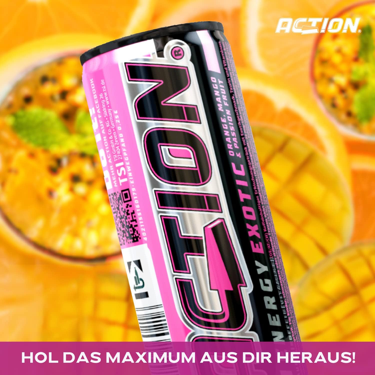 Action Energy Drink Exotic (48 x 250 ml) incluye depósito – Refresco con naranja, mango y sabor a fruta de la pasión – patata energética con mayor contenido de cafeína 32 mg/100 ml de cafeína enfoque