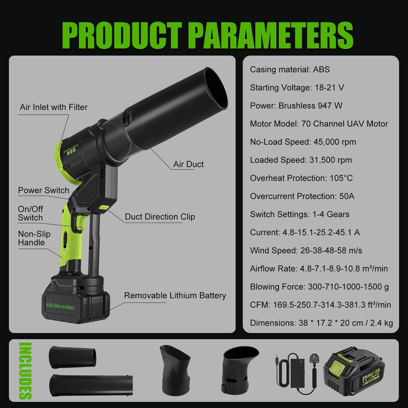 Soplador de hojas inalámbrico 947 W, 381 CFM de alta potencia, 4 ajustes de velocidad (26-58 m/s), ultraligero de 1 kg, ideal para limpieza de jardines, patios y caminos