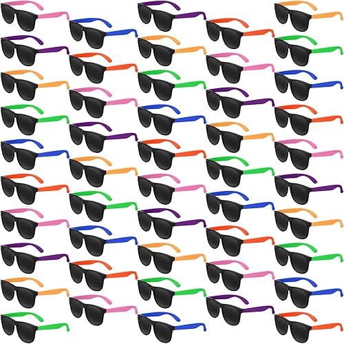 Elcoho Paquete de 48 lentes de sol de neón a granel para niños y adultos, gafas de sol de estilo retro de los años 80 para suministros de fiesta en