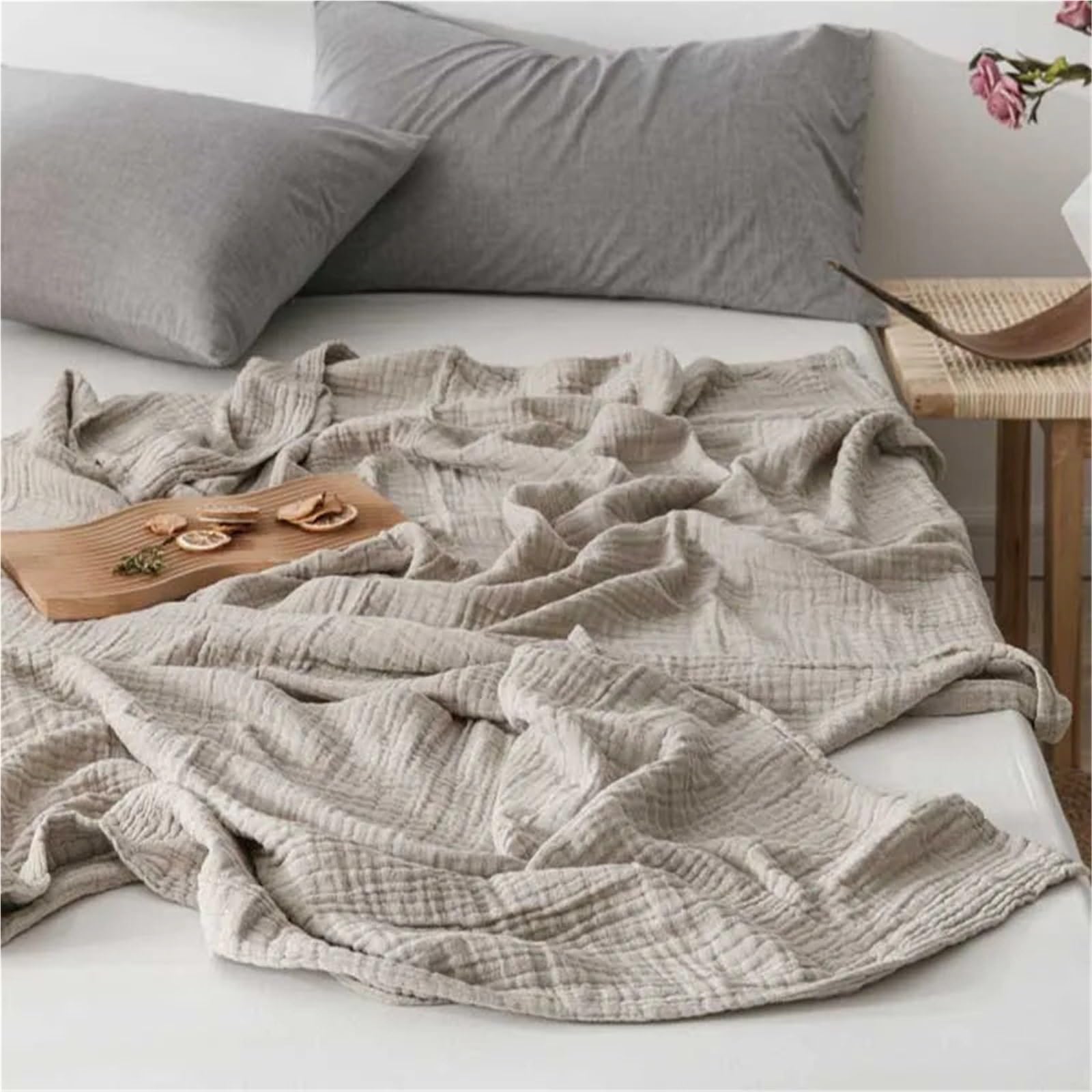 Coperta in mussola di cotone Coperte da camera for aria condizionata in garza di cotone sottile for divano letto copriletto super morbido in mussola trapuntata king size(Khaki,180x200cm)