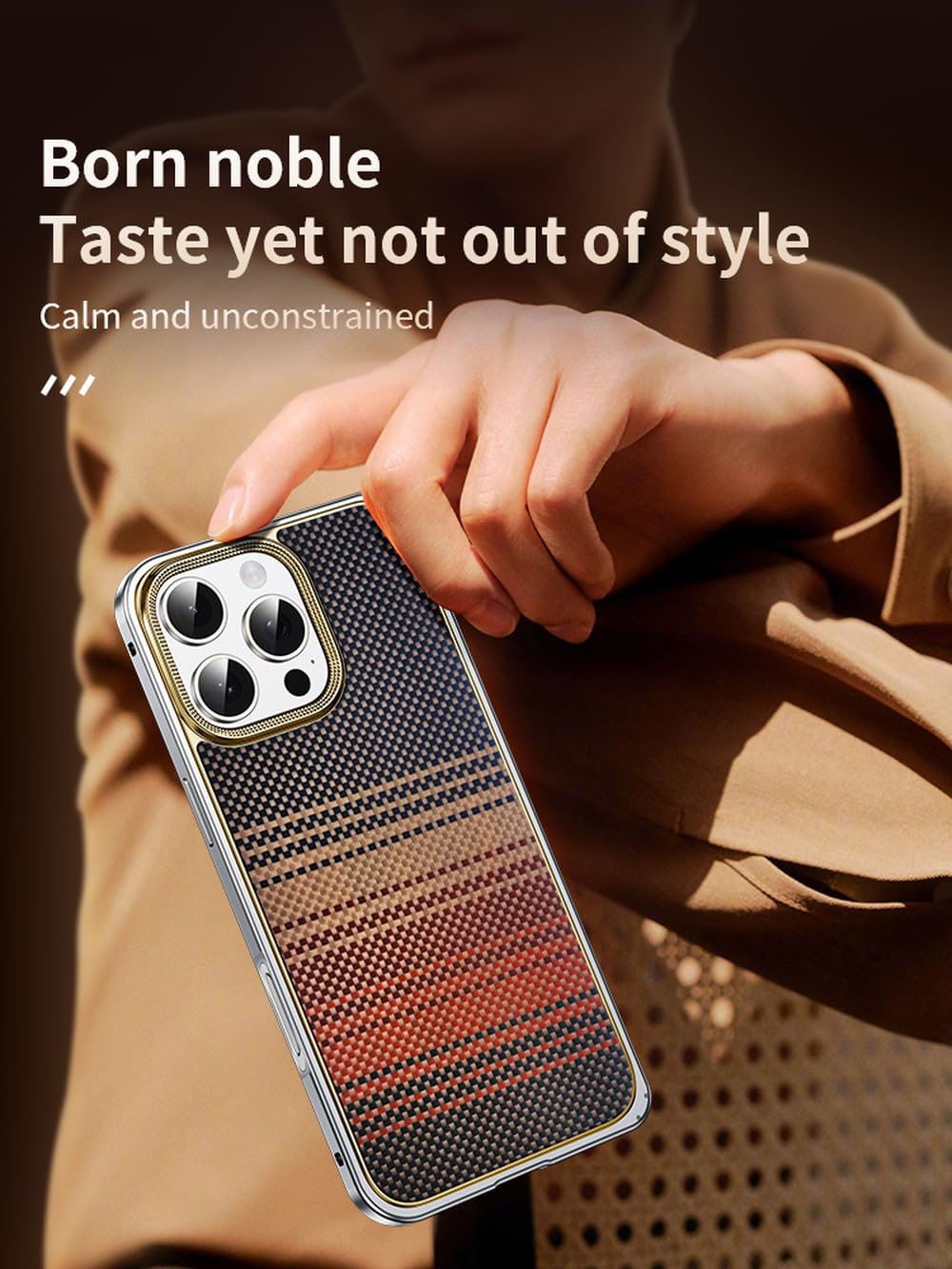 Funda de Fibra de Carbono para iPhone 16, 15, 13 y 14 Pro MAX, con Borde metálico anticaídas y Carga inalámbrica magnética, Color Dorado Desierto, para iPhone 15