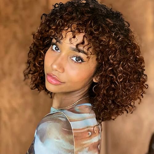Miniatura 3 de Lady Hanne Peluca rizada afro con flequillo, pelucas afro rizadas cortas para mujeres negras, 12 pulgadas, pelucas rizadas sintéticas marrón