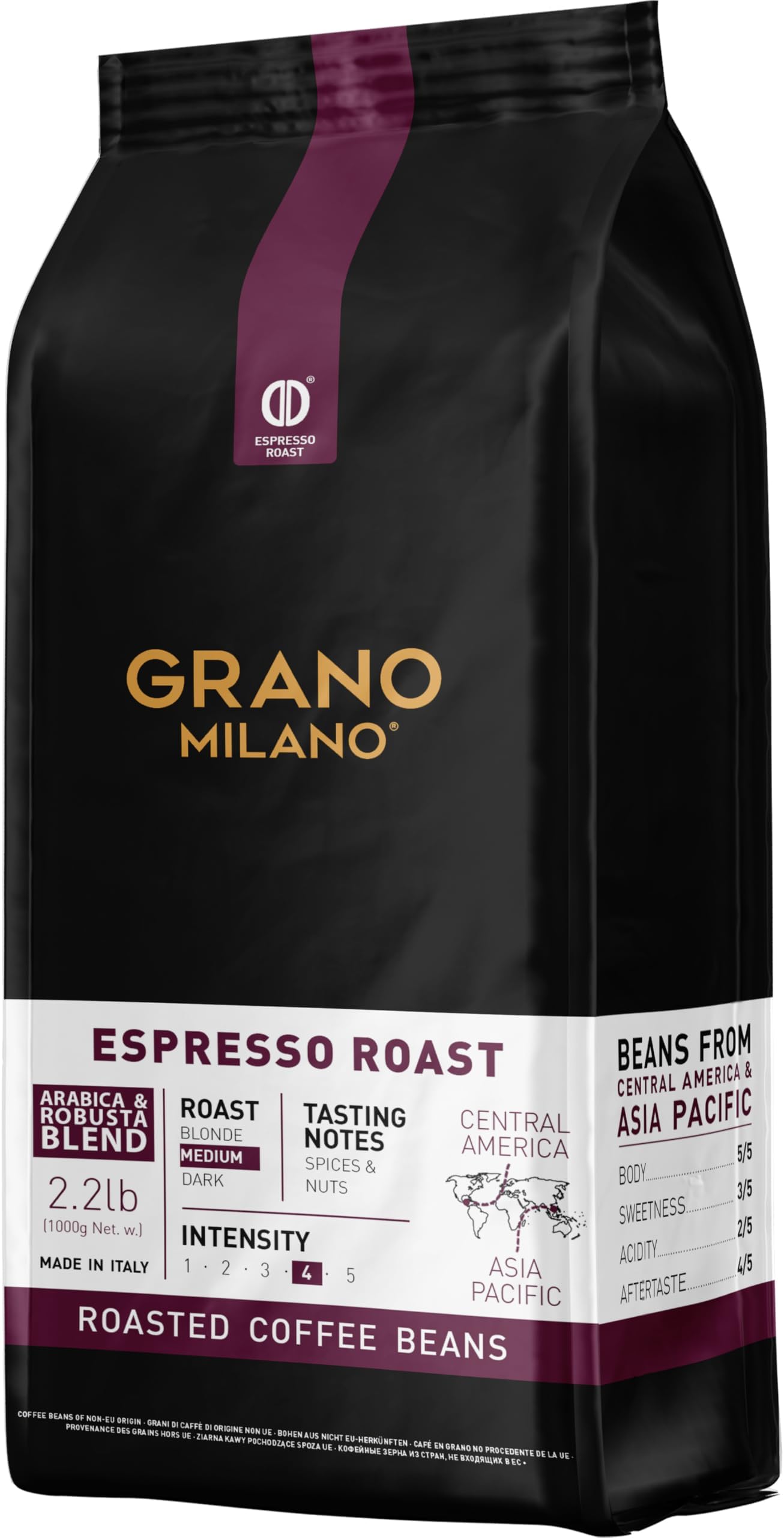 Grano Milano Coffee Beans 1kg Espresso Roast 80% Robusta, Medium Roast Intensity 4/5 Strong Coffee, Made in Italy, (Packaging May Vary)
