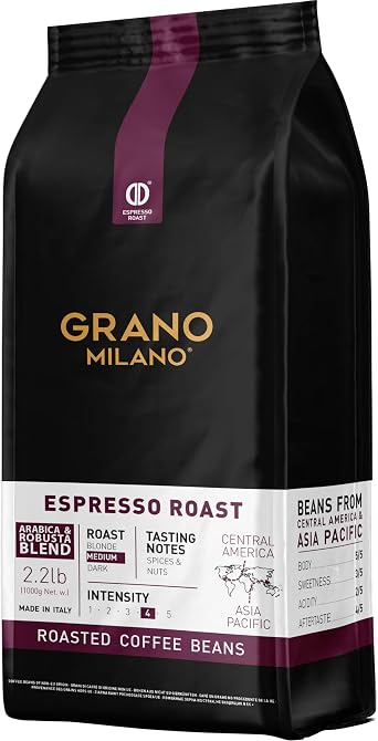 Grano Milano Coffee Beans 1kg Espresso Roast 80% Robusta, Medium Roast Intensity 4/5 Strong Coffee, Made in Italy, Packaging May Vary