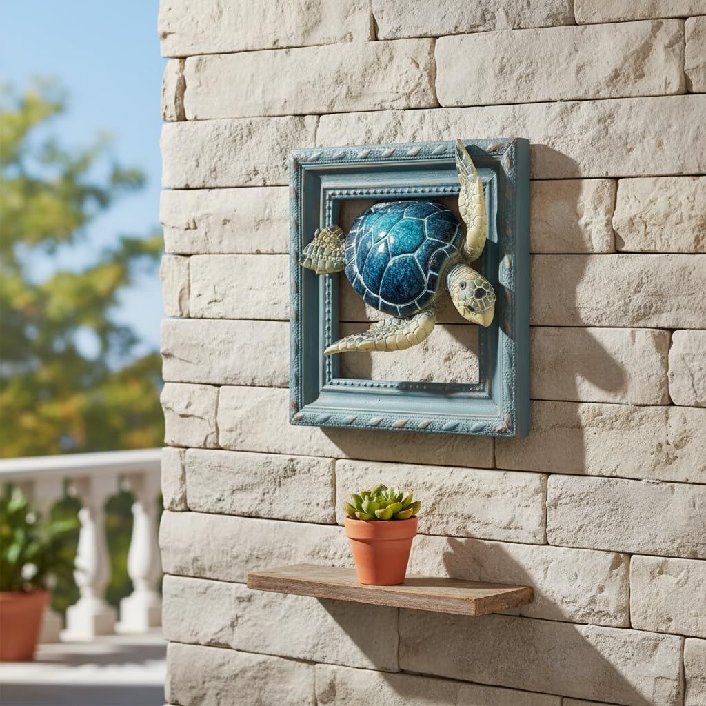 Comfy Hour 6" 3D Sea Turtle Wall Decorative Frame, Artisan Crafted Coastal Marine Theme Sculpture, Nautical Resin Wall Art Plaque for Home Office & Bathroom, Ocean Voyage Collection, 1 Piece