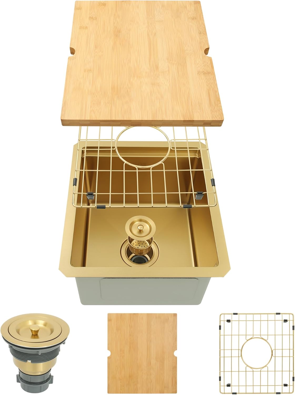 Kitsitchen Gold Bar Sink Undermount, 16 Guage Stainless Steel Workstation Sinks with Accessories, 15" x 17" Small Kitchen Sink for RV,Outdoor, Wetbar,Pre-Bar