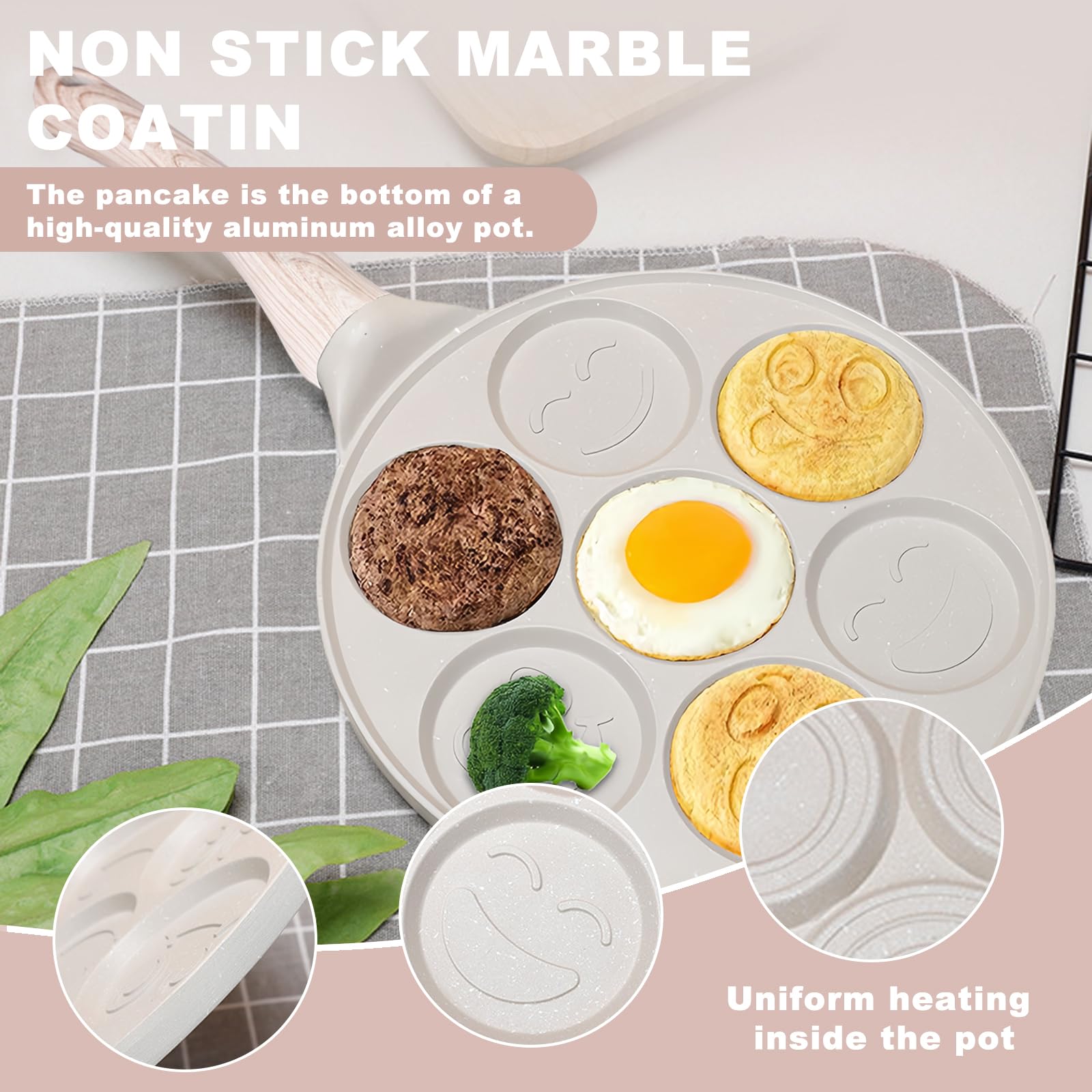Padella antiaderente per pancake, 26 cm, con sette fori, per crepes Crepes Maker con facce sorridenti, padella per pancake per gas, ecc, padella per uova fritte per omelette, frittelle, hamburger