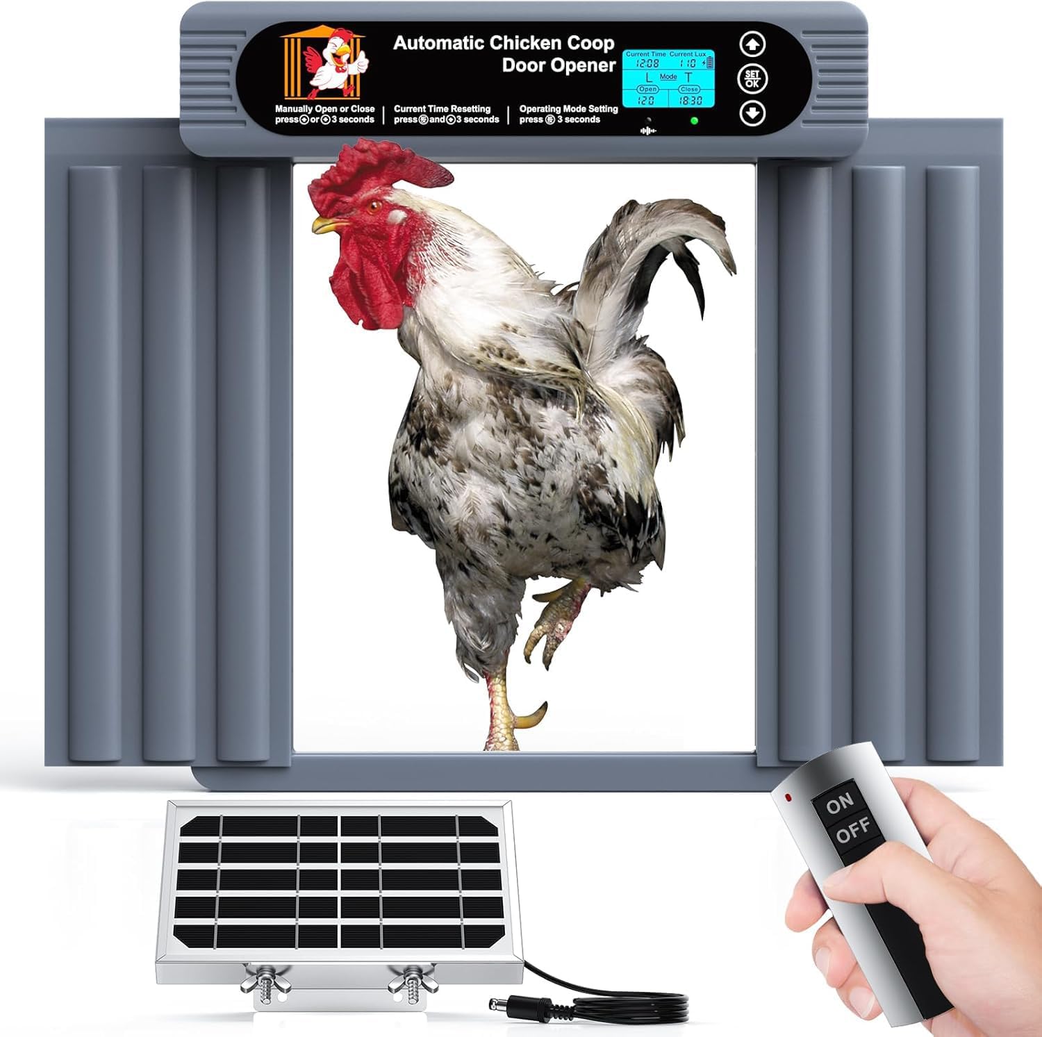 Automatic Chicken Coop Door, Anti-Pinch Protection, Large LCD Display, Programmable Timer & Light Sensor Modes, Large Solar Powered Auto Chicken House Door Opener with Remote Control(50M) 16.9 X 13.8 Inch,Large Size