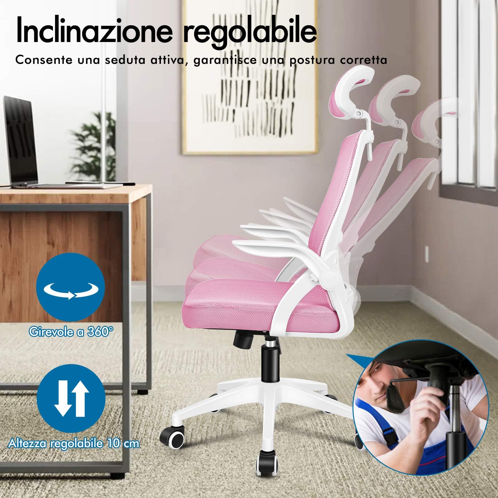 ALFORDSON Sedia da Ufficio, Poltrone con Poggiatesta, Sedia da Scrivania per Computer con Supporto Lombare, Sedia Girevole per Home Office, Rosa