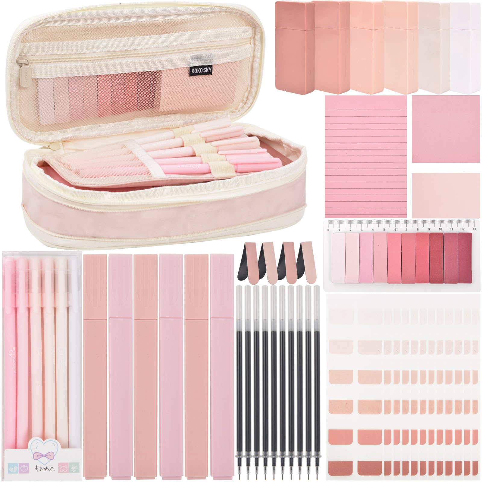 ChezAbbey 47Pcs Aesthetic School Supplies with Pencil Pouch - Cute College Essentials Set, Big Capacity Pen Case, Pastel Highlighters, Bible Study Journaling Stationary Kit (Pink)