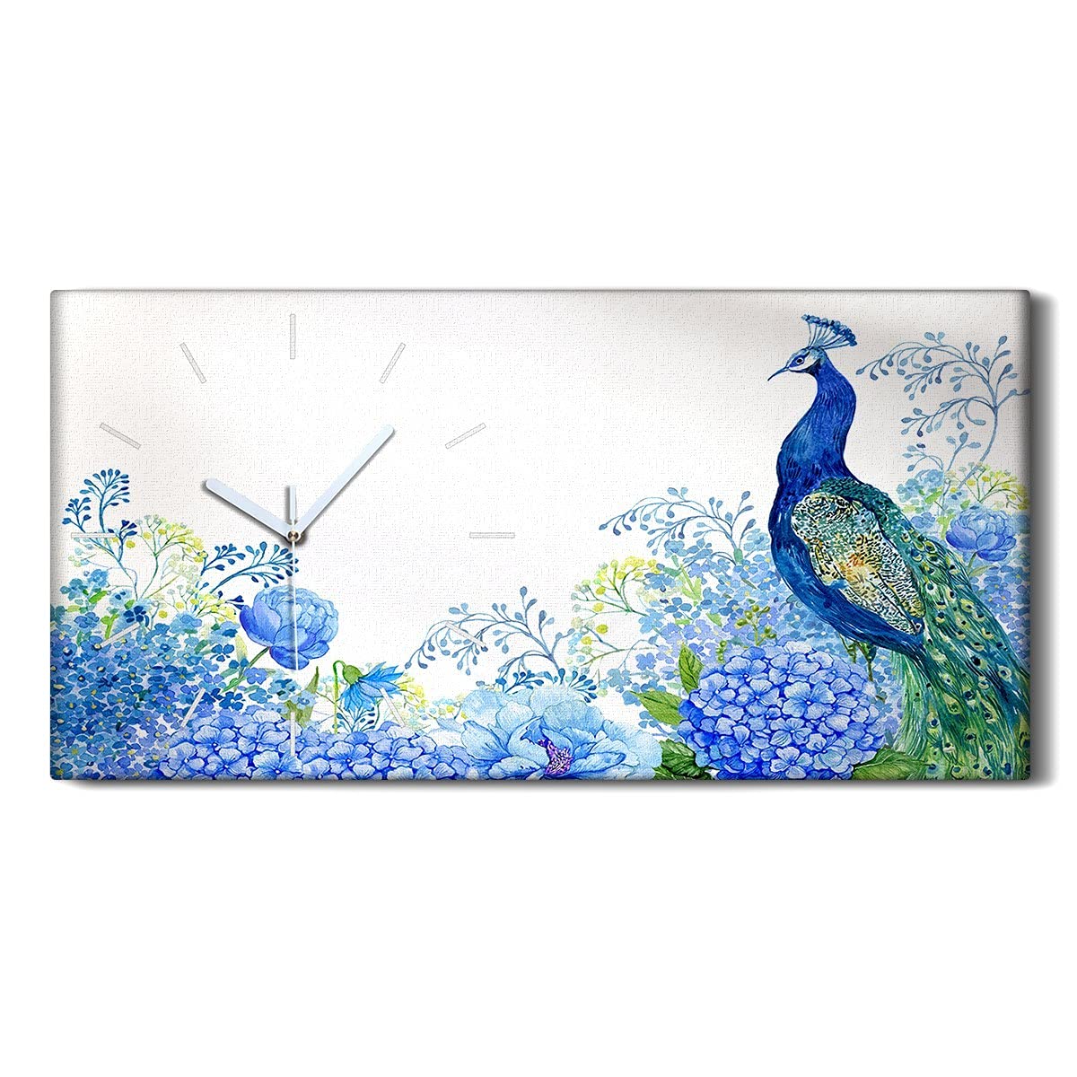 Horloge sur toile 60x30cm motif fleurs et oiseau avec aiguilles blanches