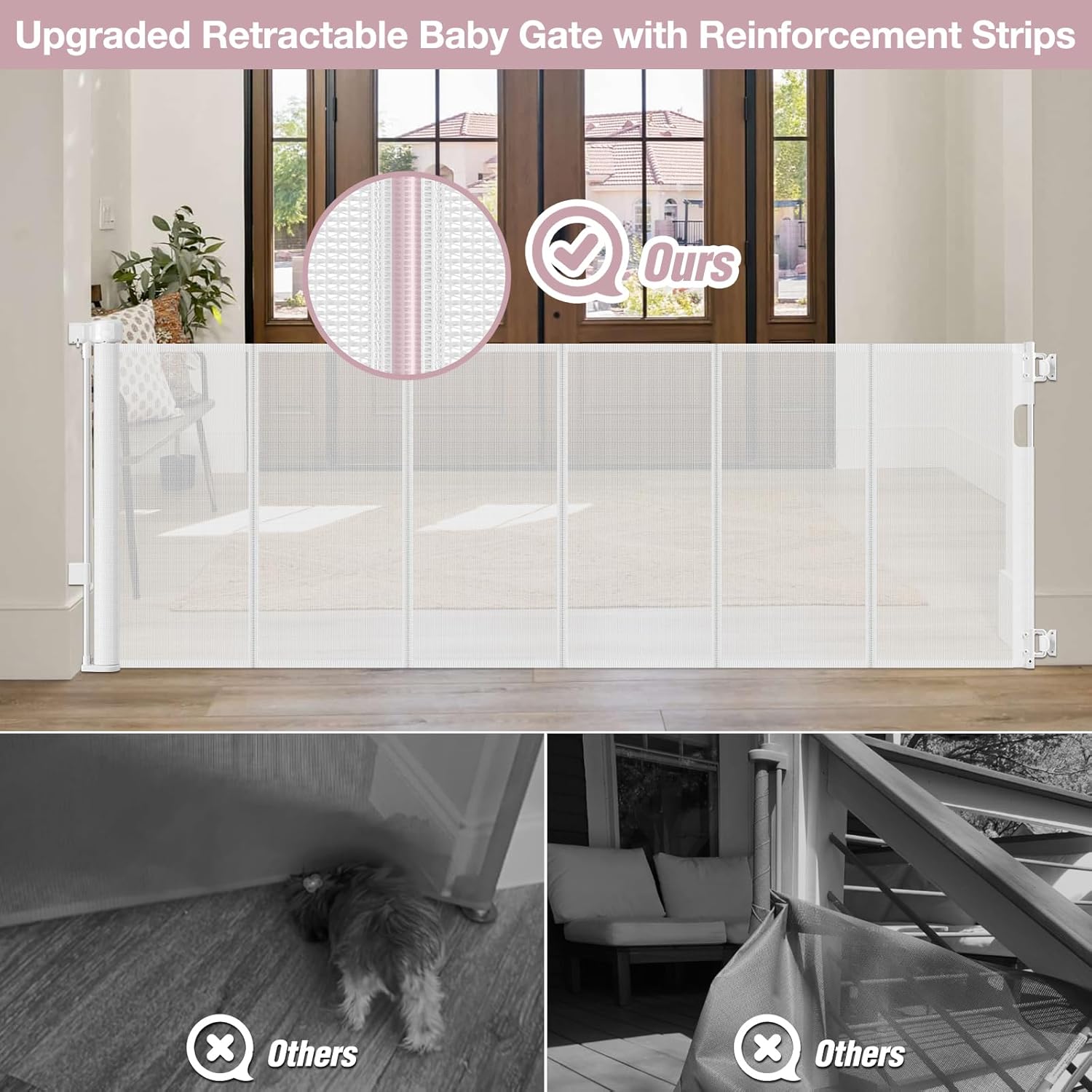 Reinforced 72" Wide Retractable Baby Gate with Rods Prevent Sagging, Retractable Dog Gate Mesh Baby Gate for Doorway, Large Baby Gate Retractable Gates for Dogs, Extra Wide Dog Gates for Stair, White