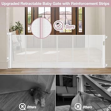 Reinforced 56" Wide Baby Gate & 72" Wide Mesh Baby Gate for Stairs, Outdoor Retractable Gate with Support Rods - Prevent Crawling Under, Retractable Dog Gates for The House