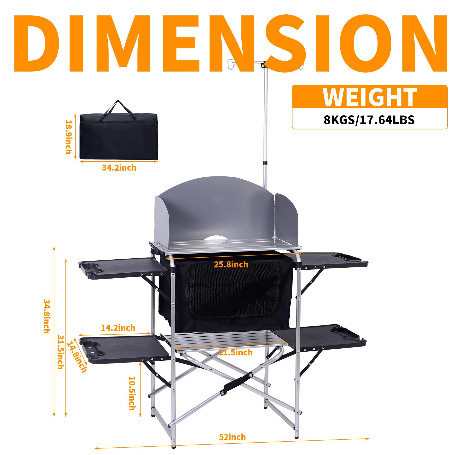 CDEN Kitchen Camping Table, Camping Kitchen Station, Camping Table, Portable Grill Table, Picnic Table with Cabinet Storage, 4 Side Table, Windshield, Light Stand, Outdoor (Black)