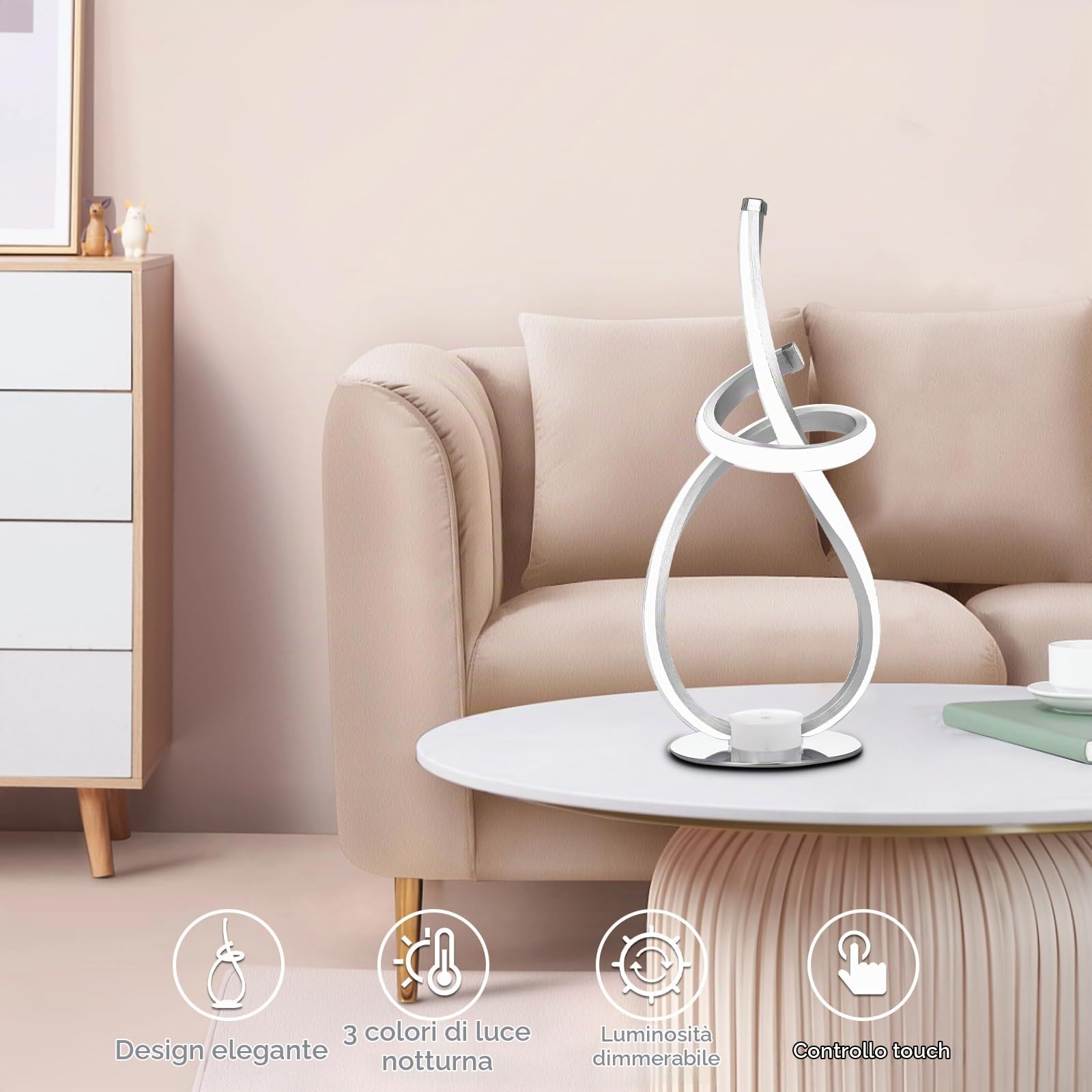 Neoglint Abat Jour da Comodino Moderne Dimmerabile, Spirale Lampade Comodino Camera da Letto 12W, Touch Control, Decorativo Curvo Lampade da Tavolo LED per Camera da Letto Soggiorno