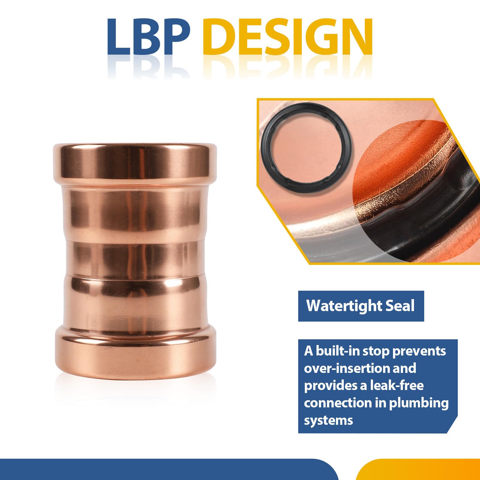 Paquete de 5 acoplamientos de presión de Cobre con Tope, Acoplamiento de Cobre de 4" para Conexiones de tuberías de plomería y HVAC.