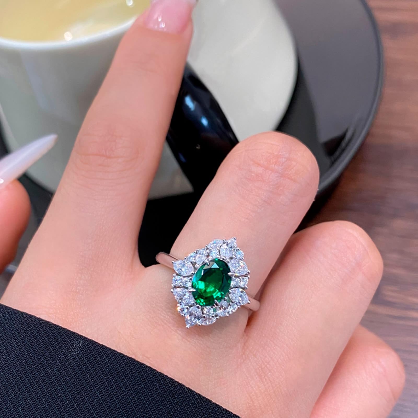 Bague de fiançailles en or blanc 9 K/14 K/18 carats - Créée en laboratoire - Design émeraude rhombus - 18/14/9 carats - Avec moissanite véritable - Taille 47-70