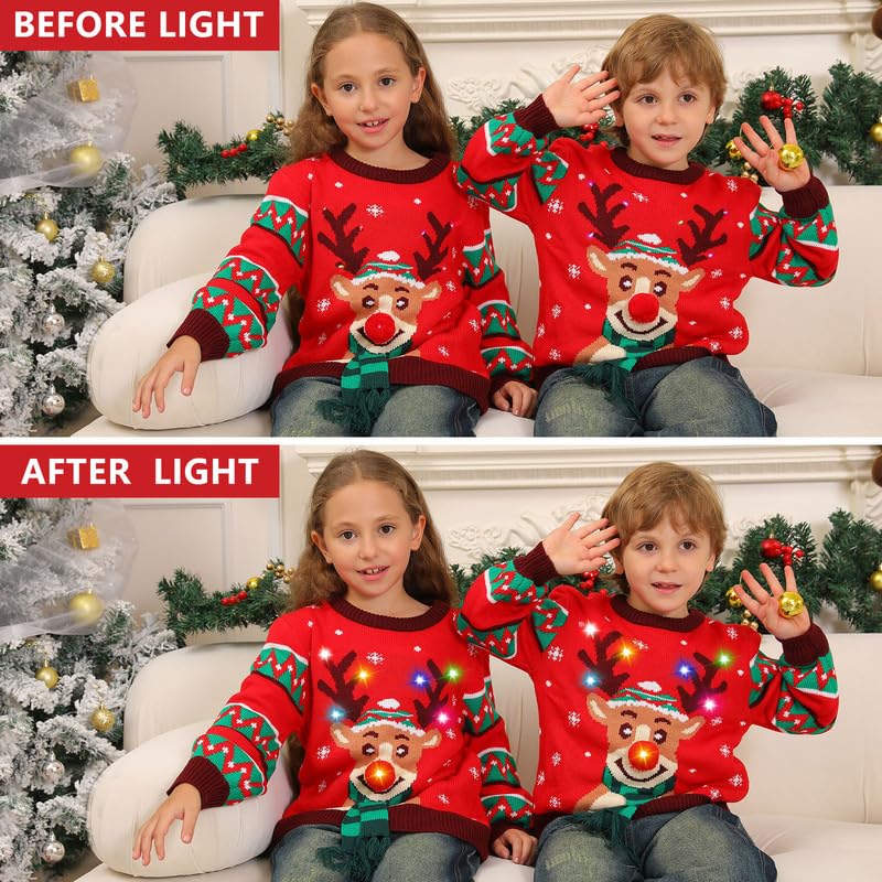 Maglione Natalizio Bambino con Luci, Maglioni Natalizi Bambini Divertenti, Girocollo Maglioncino Natalizio Famiglia Led Ugly Christmas Sweater,Brutti Maglioni di Natale per Bimbo/Bimba/Ragazza/Ragazzo