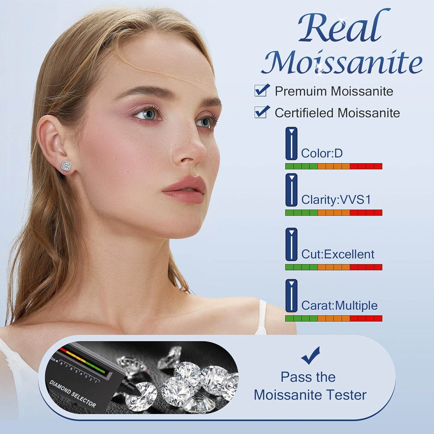 Moissanite Earrings for Women Men, 1ct-4ct DEF Color Moissanite Stud Earrings，925 Sterling Silver earrings, Safety Friction Back