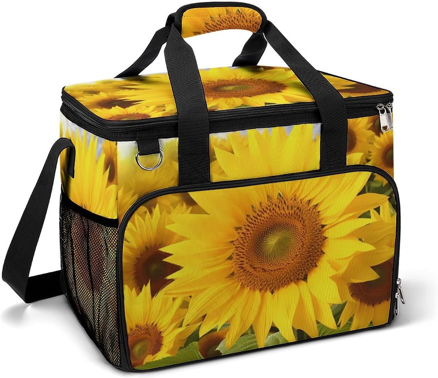 Large Capacity Oxford Cloth Sunflowers Printed Camping Ice Bag, Outdoor Portable Insulation and Cooling Bag, Suitable for Outdoor Camping and Picnics