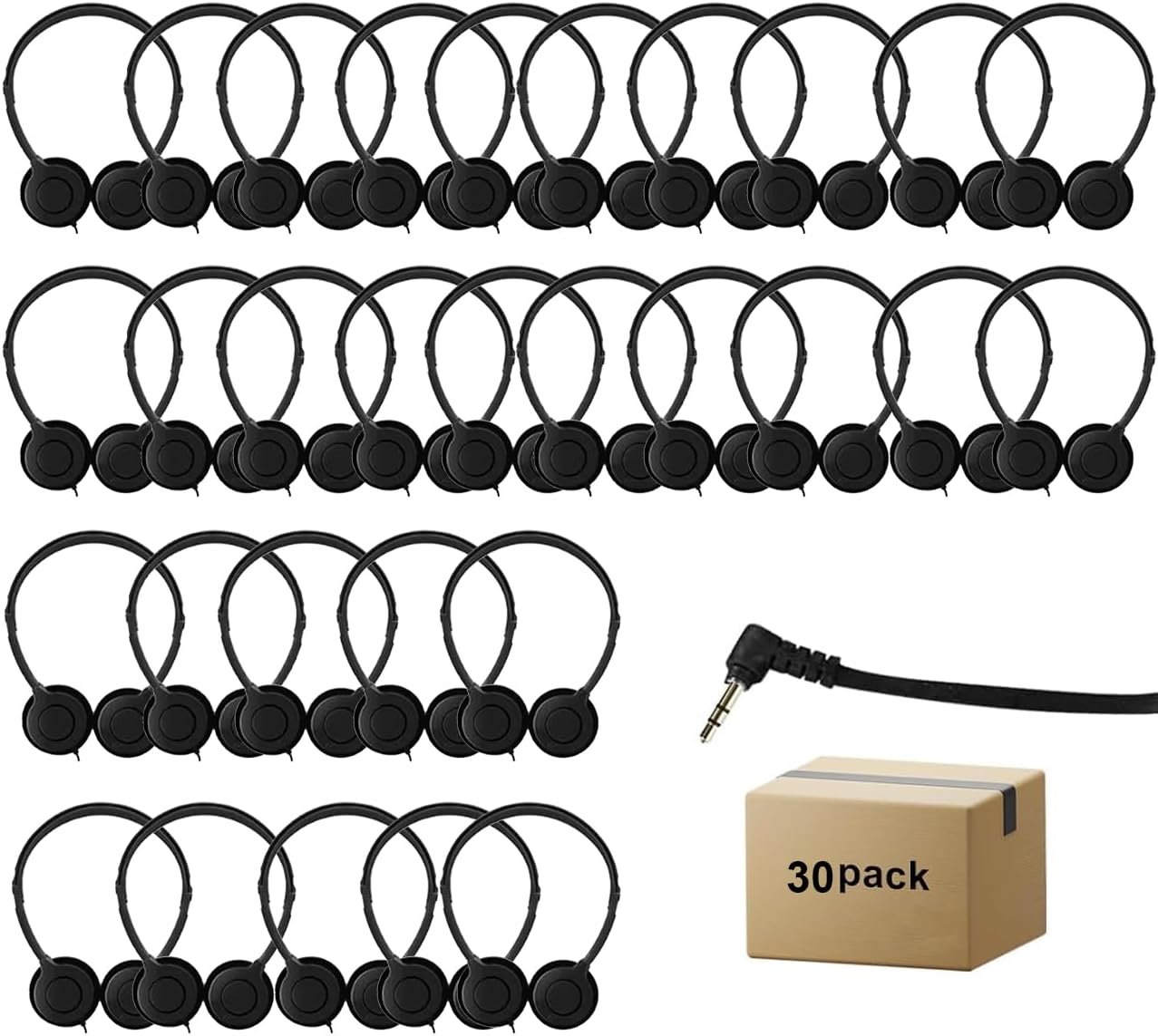 30 Pack Bulk Headphones for Kids Students School Classroom Adjustable with 3.5 mm Jack for Library Children Adults(005 Black Headphones)