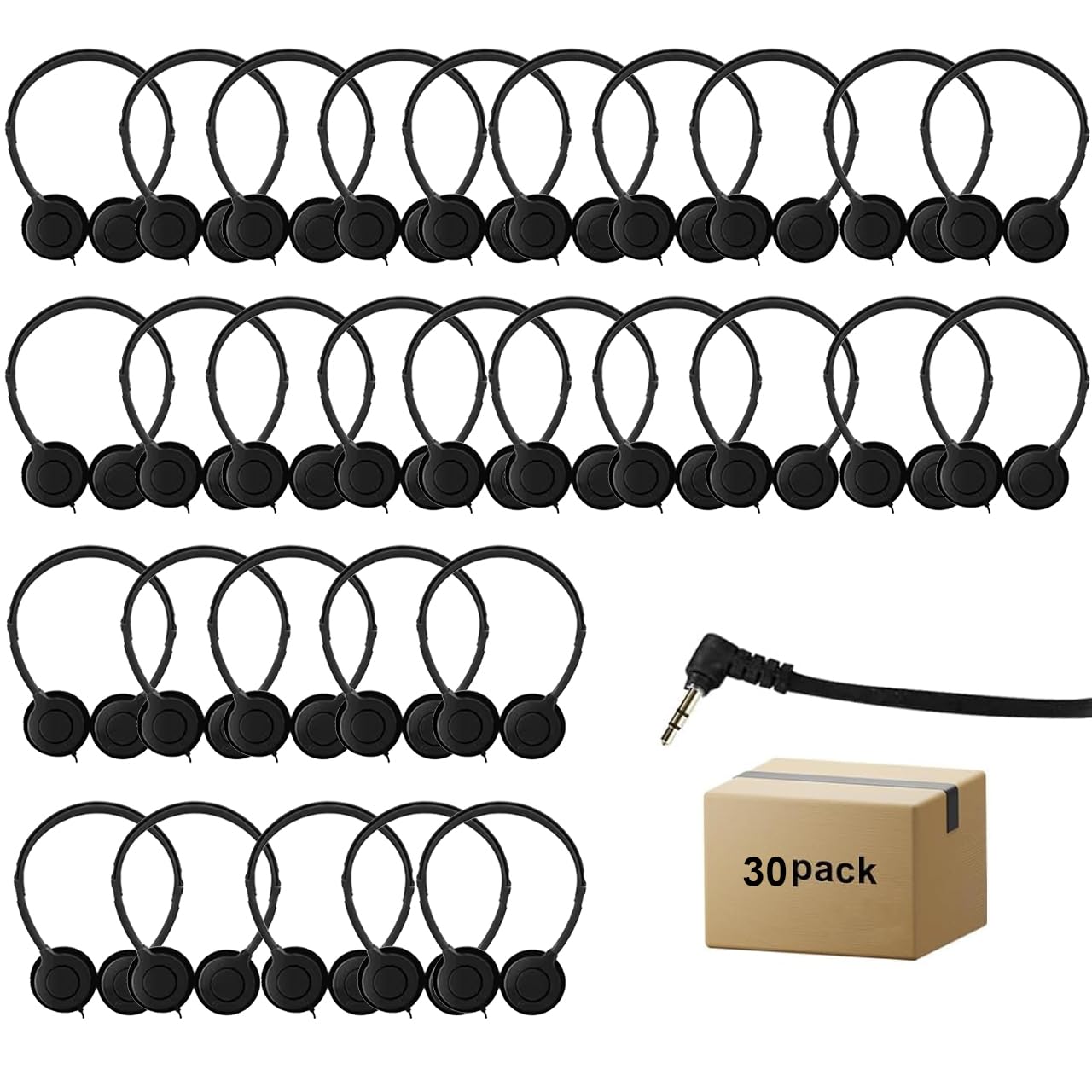 WAHUWAY 30 Pack Bulk Headphones for Kids Students School Classroom Adjustable with 3.5 mm Jack for Library Children Adults(005 Black Headphones)
