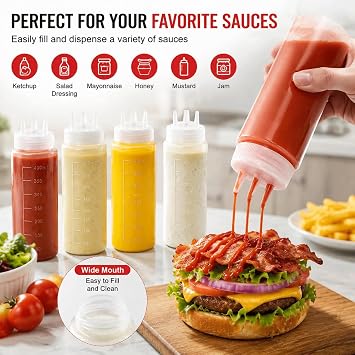 Condiment Squeeze Bottles, 13.5oz/400ml Large Plastic Squeezy Sauce Bottles, Food Grade BPA Free Leak Proof Squeeze Bottles for Sauce Ketchup BBQ Salad Dressing Cooking Art Crafts