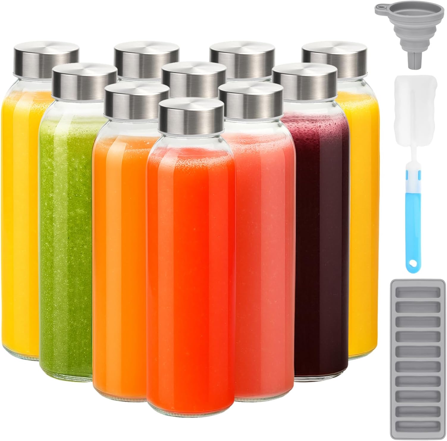 Glass Water Bottles with Lids 24 oz, 10 Pack Reusable Juice Bottles With Stainless Steel Airtight Cap for Juicing, Leak Proof Clear Drinking Jar Beverage storage container for Fridge, BPA Free