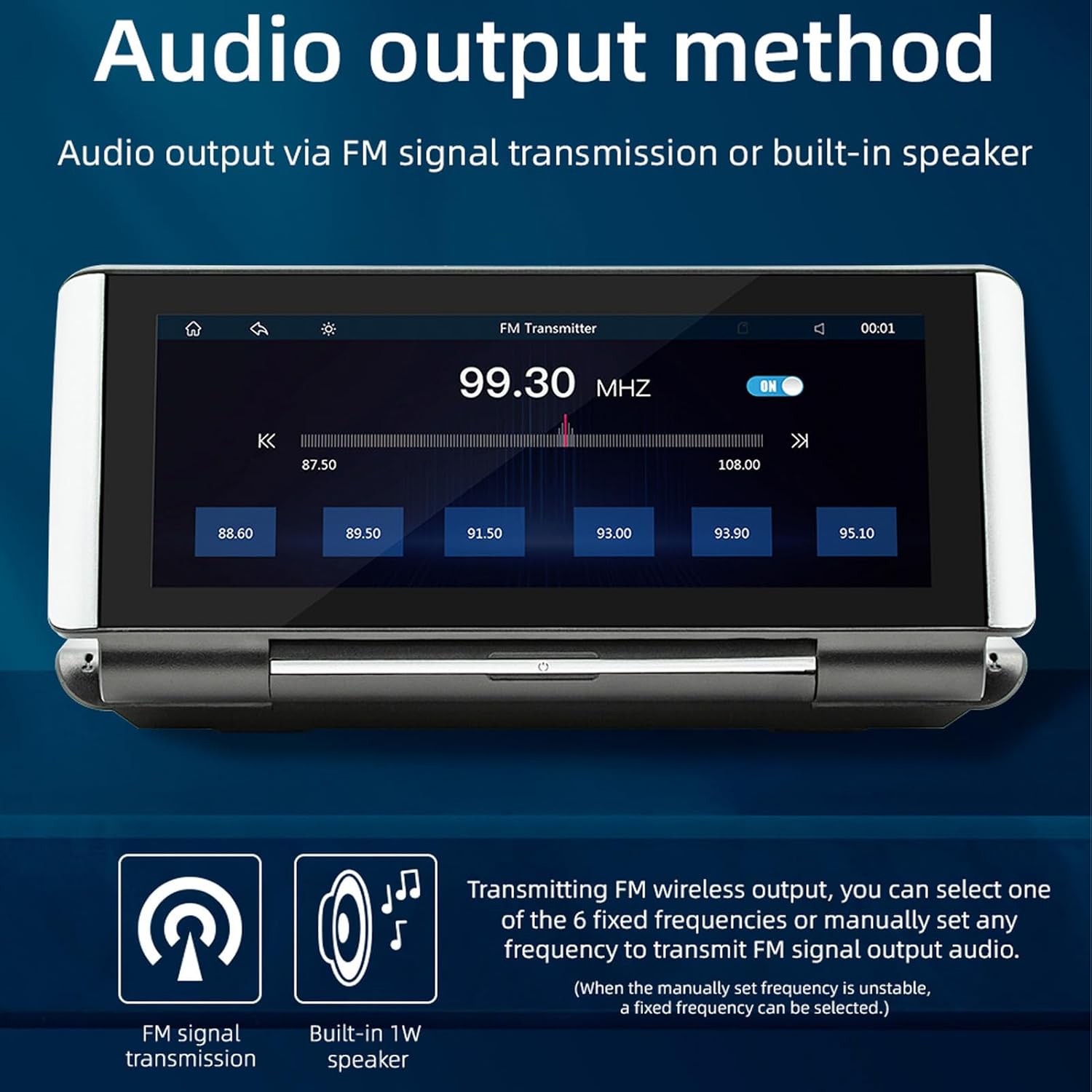Zunate 6.86 Inch Wireless Android Auto Screen showing FM transmitter settings for audio output