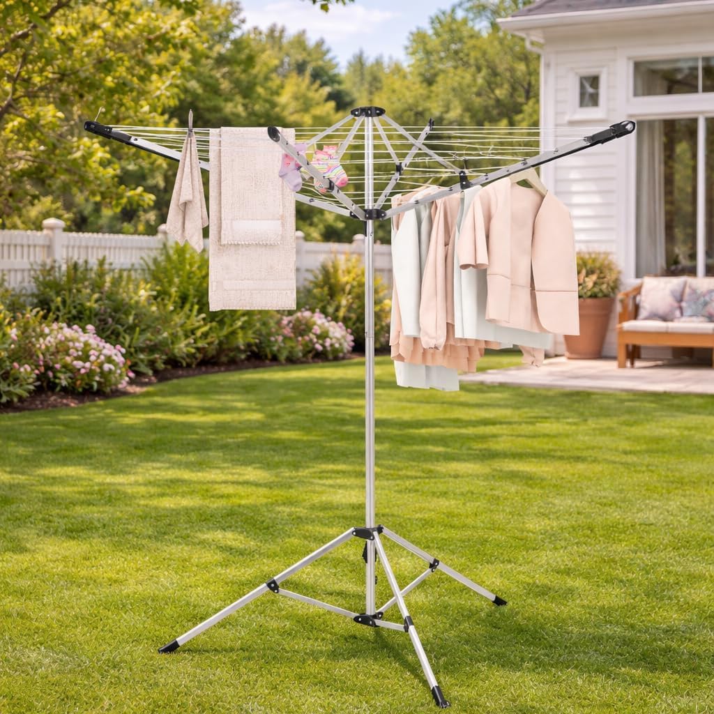 65FT Portable Umbrella Clothesline, 4-Leg Stable Freestanding Drying Rack for Indoor Outdoor Use, Foldable Rotary Laundry Rack with Adjustable Height, No Assembly