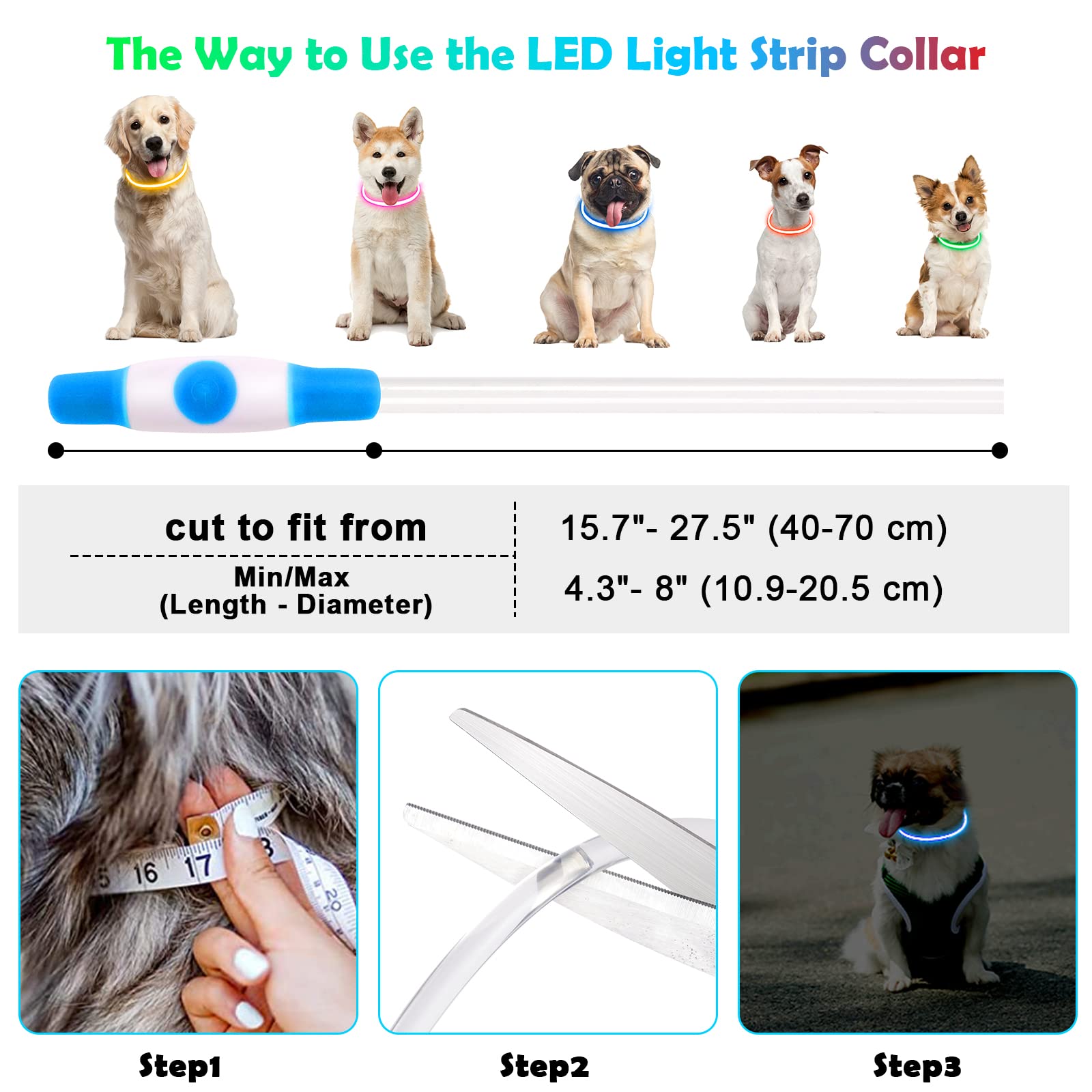 AUAUY Collare Luminoso per Cani, Collare per Animali Domestico LED Ricaricabile USB, Collare di Lunghezza Regolabile Impermeabile per Cani di Taglia Piccola Media Grande e Gatti (Blu)