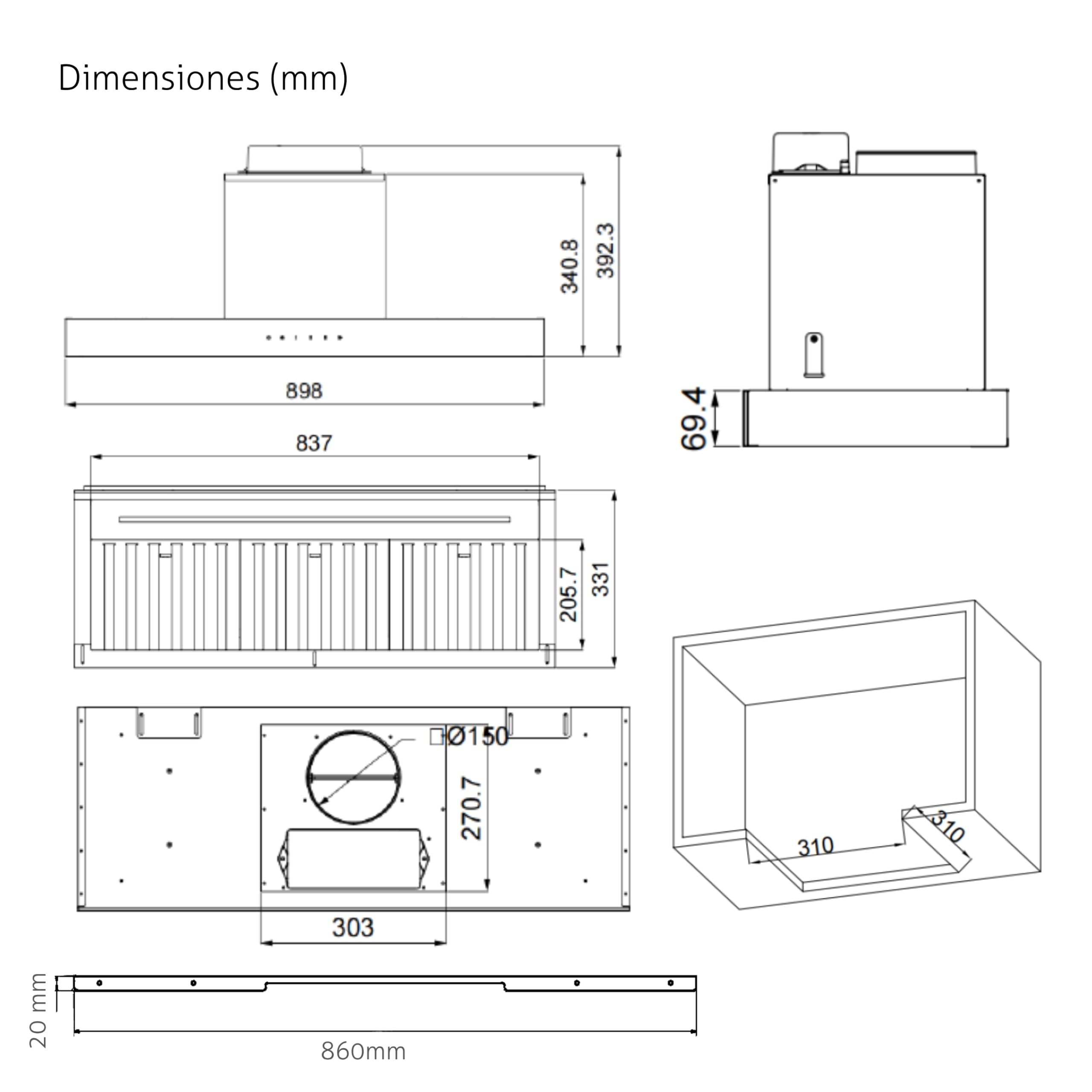 Campana extractora integrable Kompatic Riva 90 KRV90BI, 90 cm, motor brushless 800 m³/h, clase A+++, control táctil, Boost/Super Boost, negro mate.