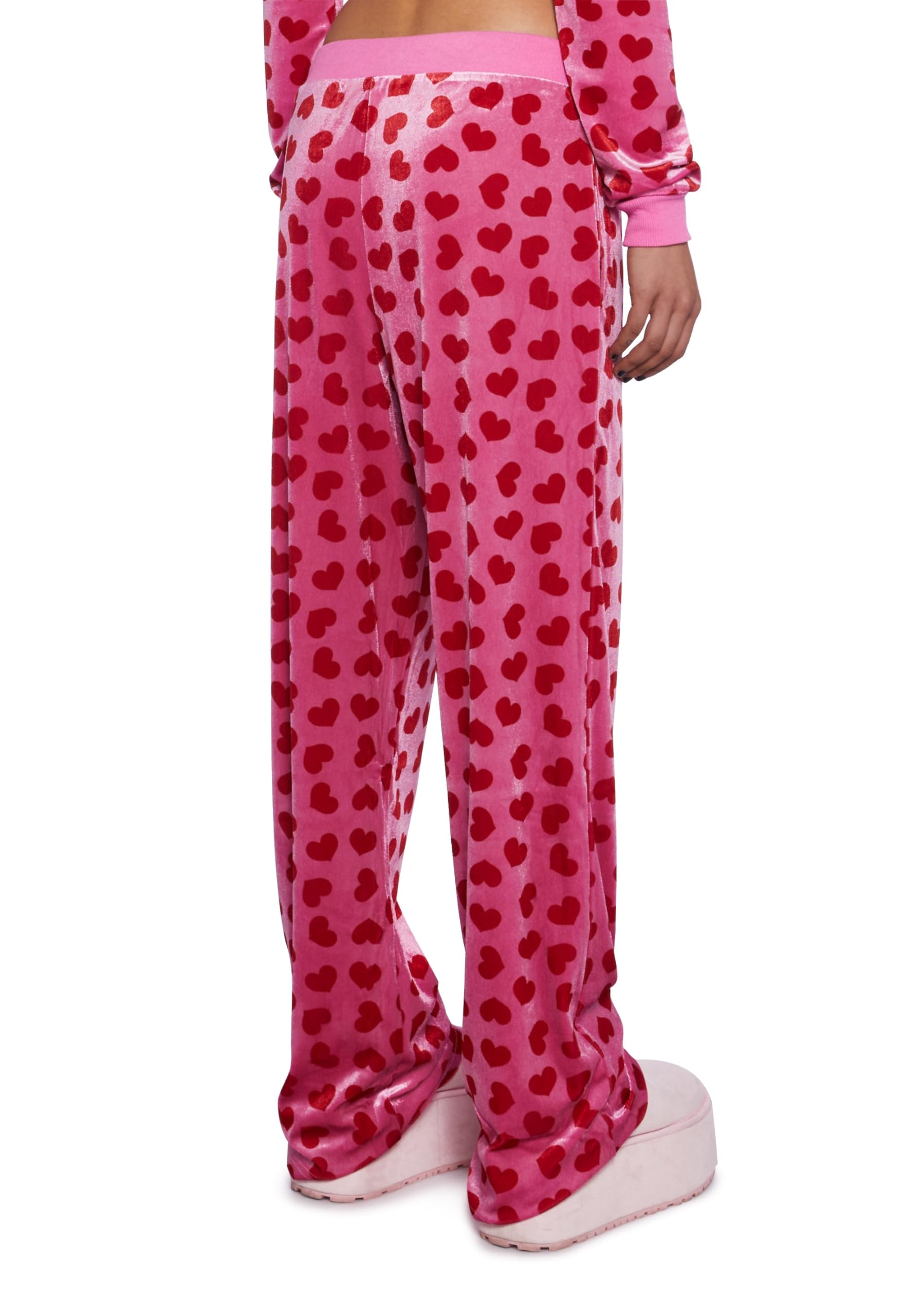 Dolls Kill Loyal Maneater Velour Track Pants by Sugar Thrillz – Heart Print Sweatpants with Flared Bottom & Drawstring Waist: X-Small Pink