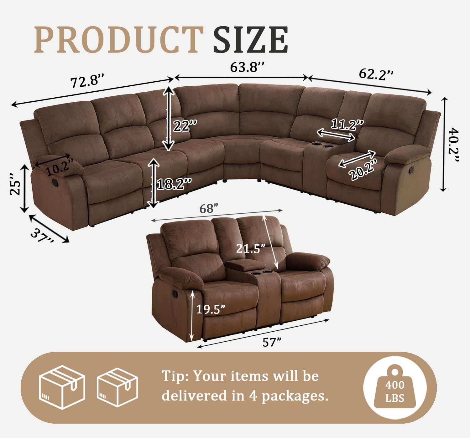 Manual Recliner Sectional Sofa Set for Reclining Living Room Furniture Sets, L-Shaped Reclining Couch, Corduroy Sofa with Cup Holders/Storage for Homes/Office(Brown, Sectional+Loveseat)