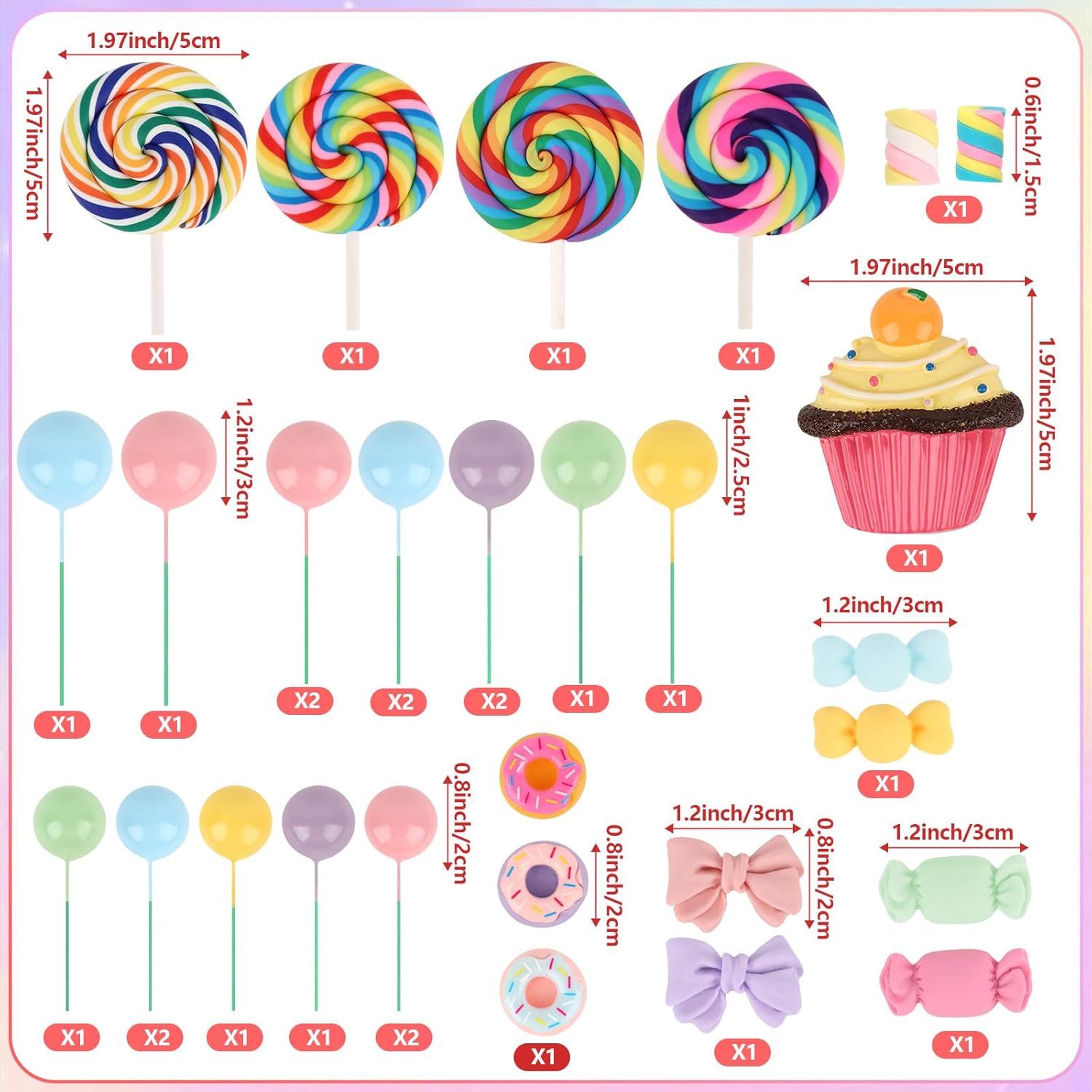 Hooqict 33Pcs Candy Cake Decorations with Lollipop Cupcake Donut Candy Cake Topper for Kids Girls Candyland Christmas Party Decorations Colorful Sweet Birthday Party Supplies