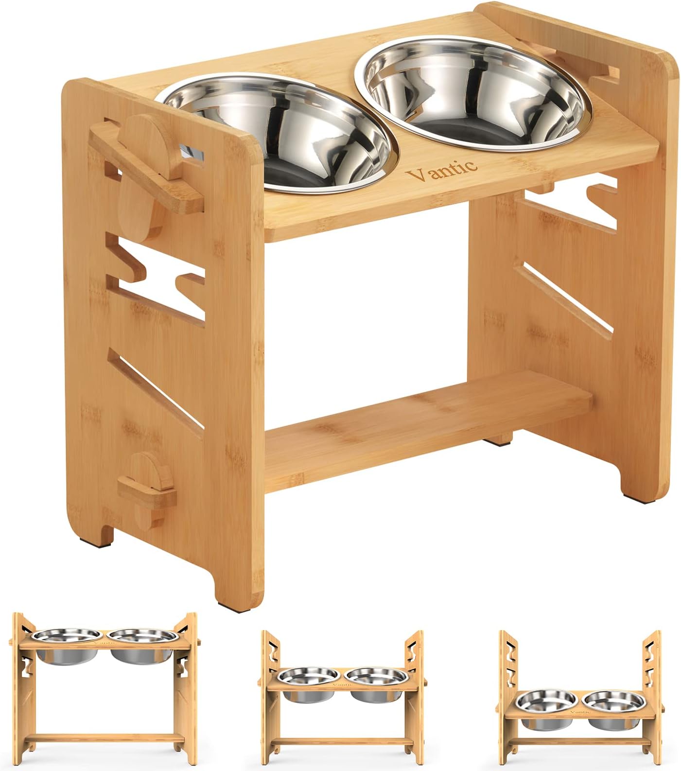Vantic Medium Raised Dog Bowl, Adjustable Bamboo Elevated Puppy Feeder with Stand, Large Dog Feeder with Stand with 2 Stainless Steel Bowls, 28cm High