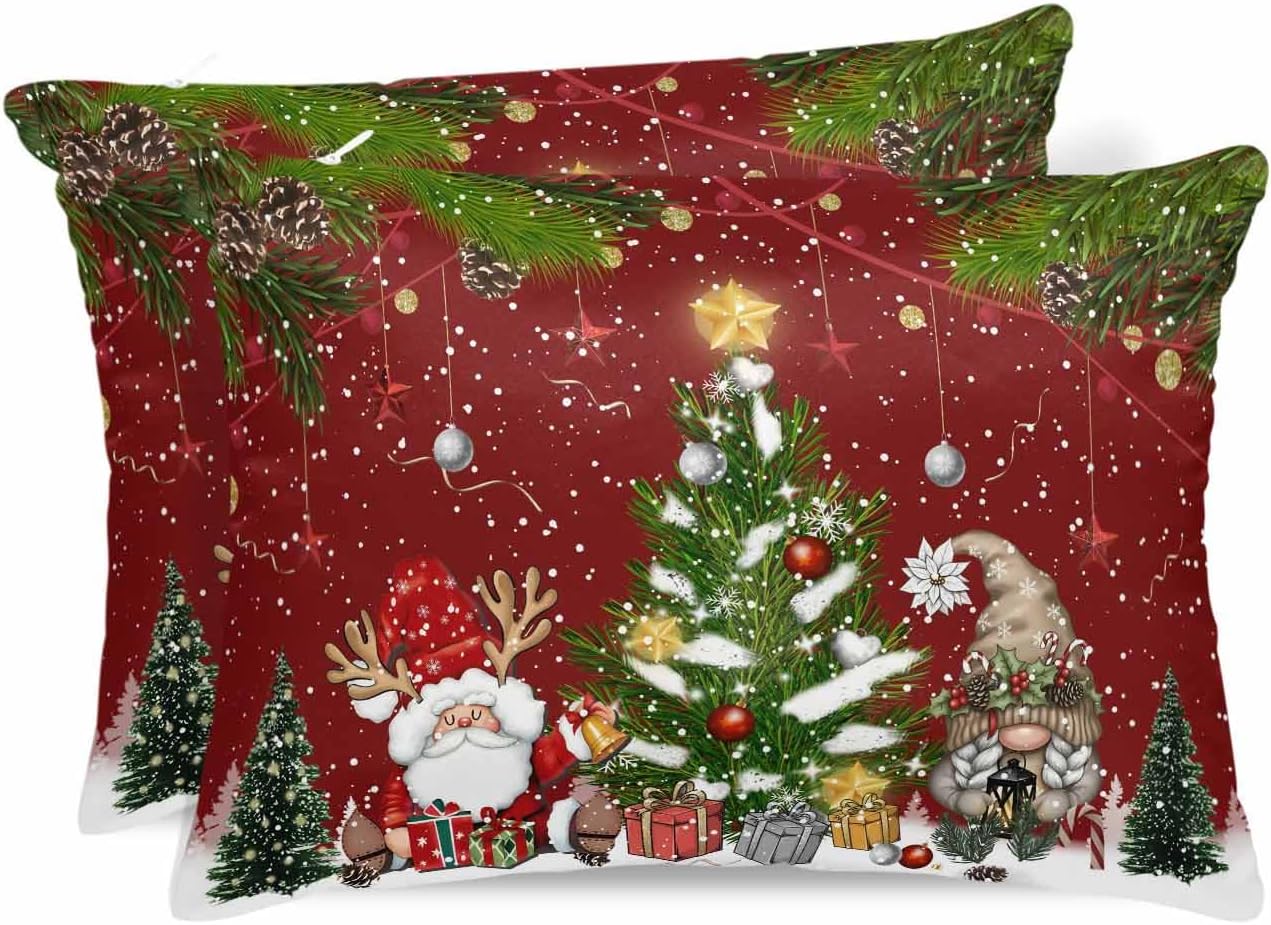 Red Christmas Pillow Cases Queen Size Set of 2, Gnomes Xmas Tree Snowflake Winter Gifts Satin Pillowcase with Zipper for Hair/Skin, Decorative Pillow Covers for Bed/Couch/Sofa, 20x30 Inches