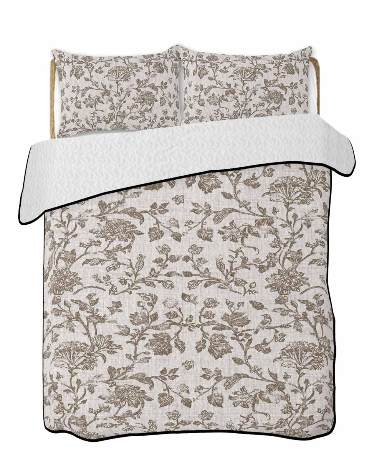 3-Piece Summer Quilt Queen Size, Farmhouse Brown Lightweight Cooling Bedding Comforter Blanket with 2 Pillow Shams, Vintage Flower Leaf Botanical Plant Bedspreads Quilted Coverlet Sets 90