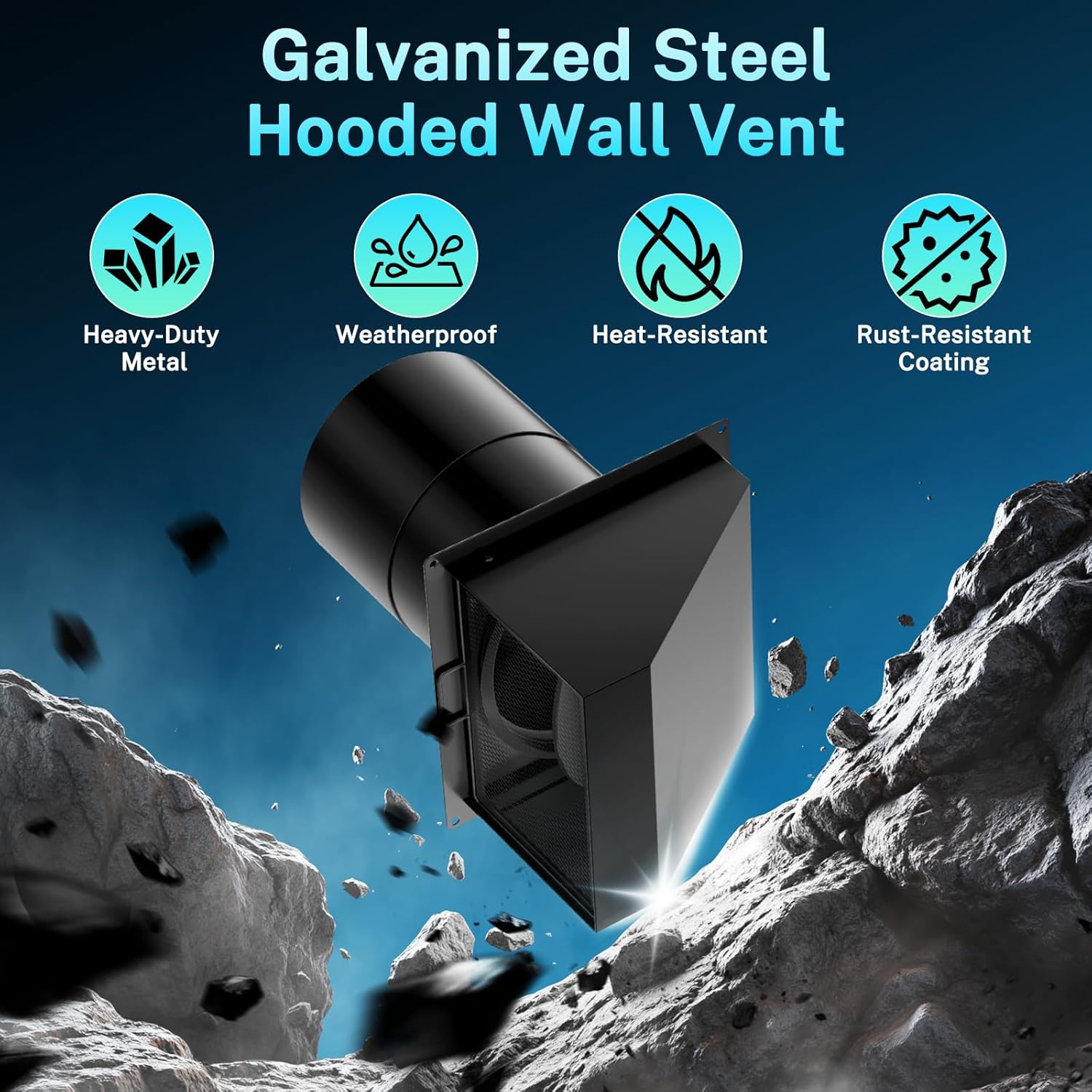 HG Power 8 Inch Hooded Wall Vent with Damper and Screen, Exterior Vent Covers，Galvanized Steel Exhaust Vent, Exhaust Fan Cover for Kitchen Range Hood Ventilation, HVAC Duct Air Exhaust, Black