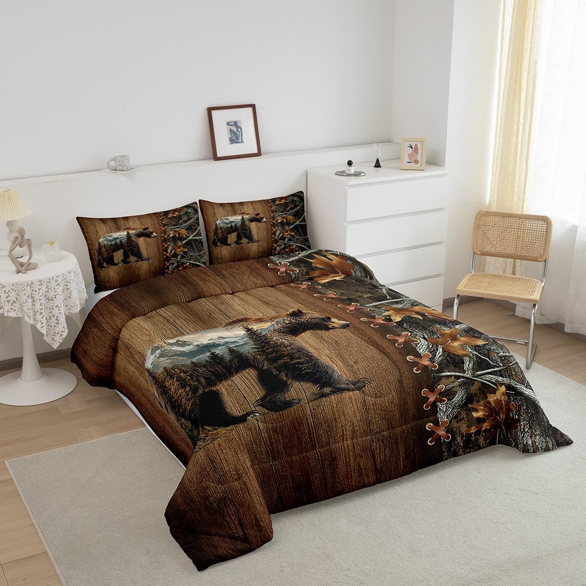 Erosebridal Woodland Bear Bedding Set King Size Hunting Comforter Set Rustic Cabin Comforter for Kids Boys Girls Country Wild Animal Room Decor Leaves Tree Pattern Lightweight Duvet Quilt