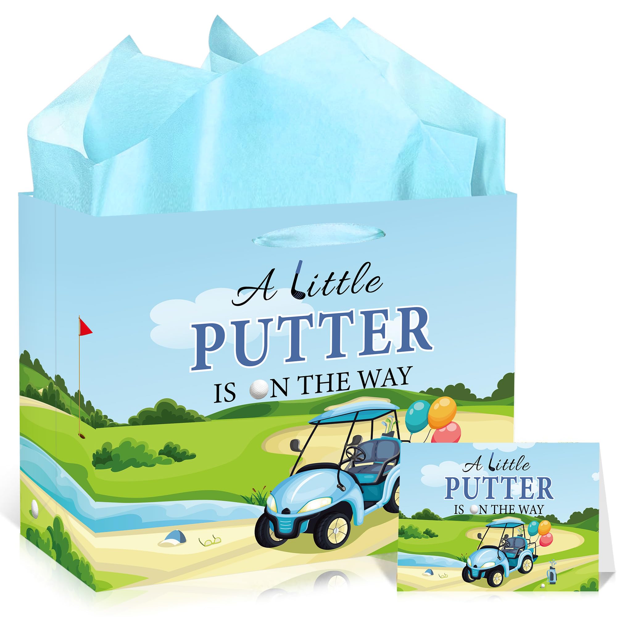 Baby Shower Golf Gift Bag with Greeting Card and Tissue Paper, Golf Theme Baby Gift Bag for Boys, Large Paper Wrapping Bag with Handles for Baby Shower Party Gift Packaging
