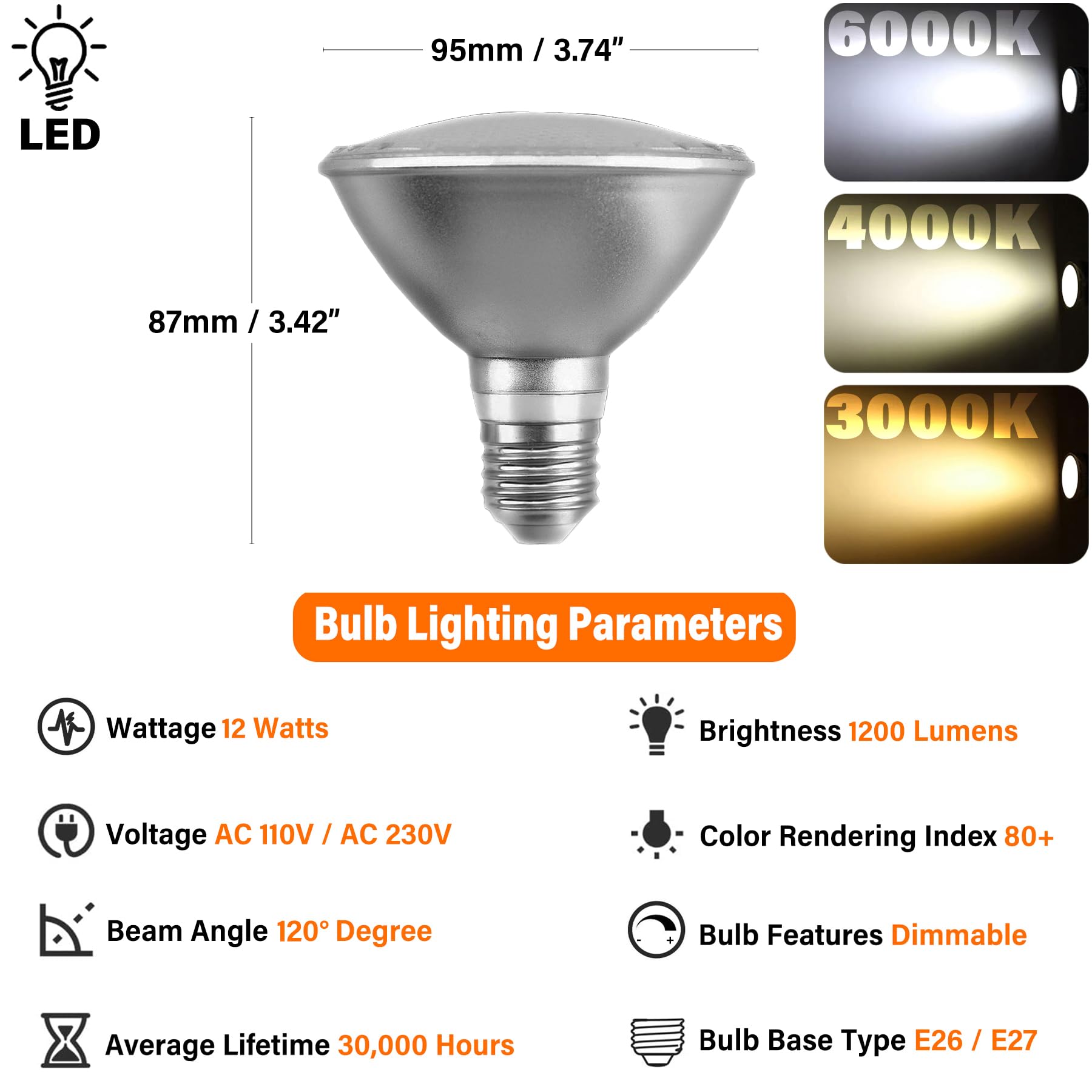 Bombillas LED PAR30 de 12 W, bombilla regulable de 1200 lm, ajuste de brillo del 10% al 100%, base E26/E27, bombilla LED de cuello corto Par30 (8 piezas)