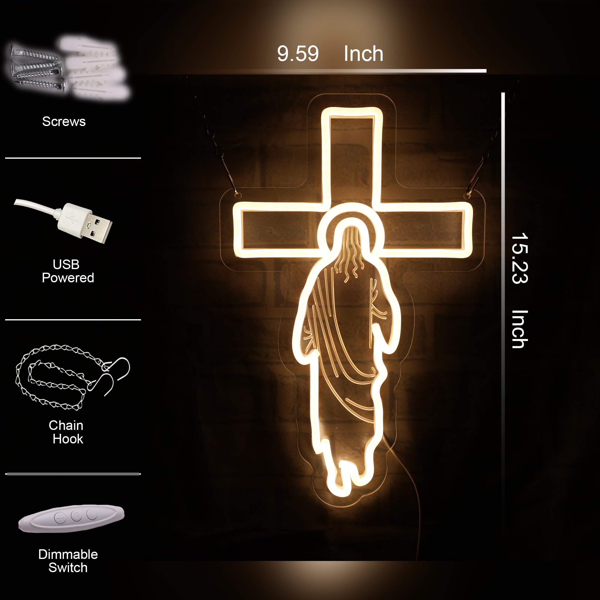 Jesus Neon Sign, Cross Neon Sign USB Powered LED Light Decor